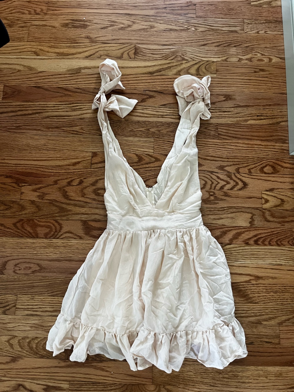 Light Cream Ruffle-Hem Mini Dress with Tie Straps